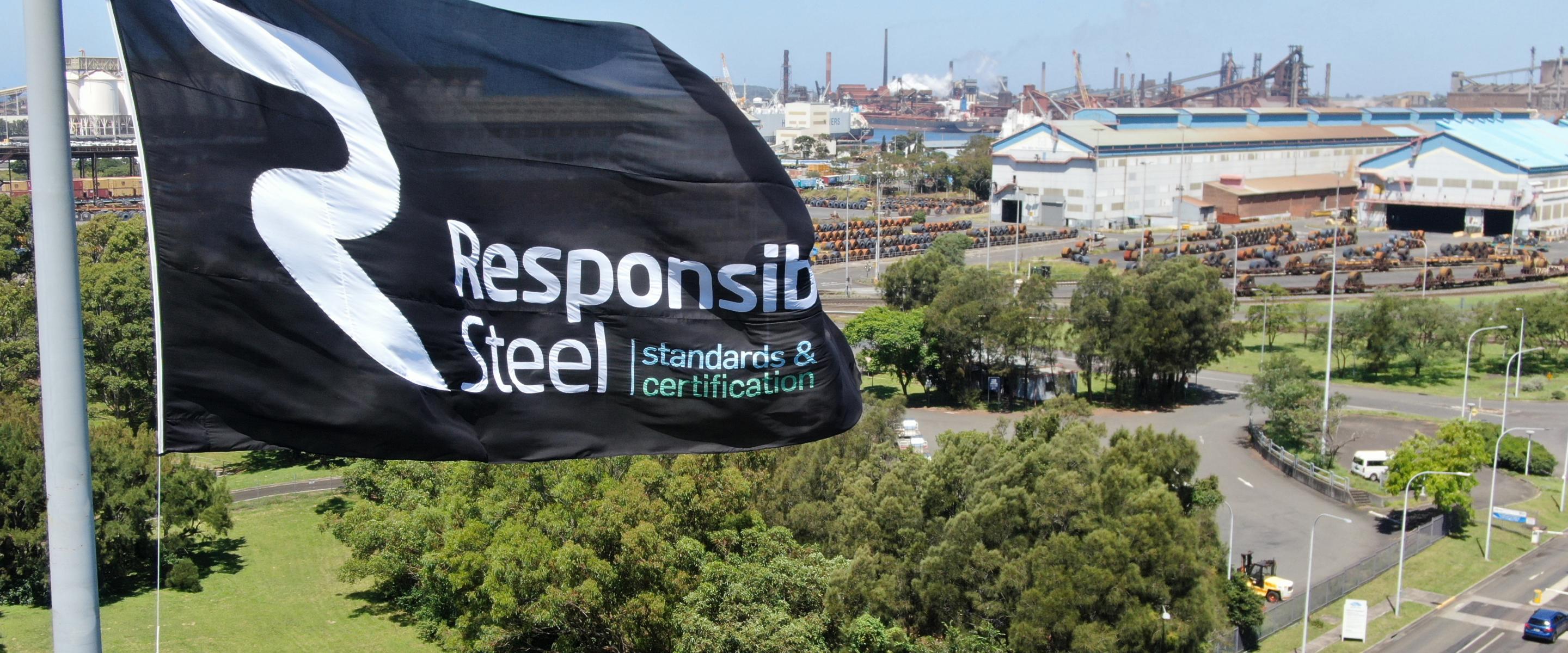 ResponsibleSteel flag flying over the BlueScope Port Kembla steelworks