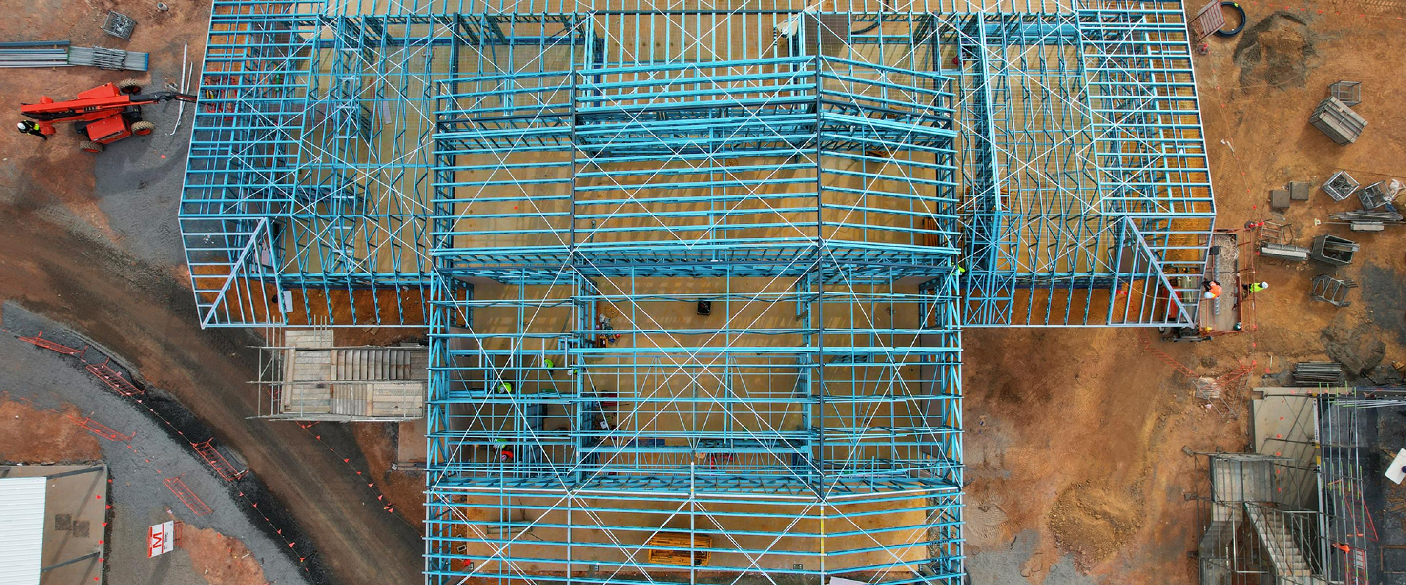 Aerial shot of TRUECORE steel blue frames used in the construction of Redland Bay State School