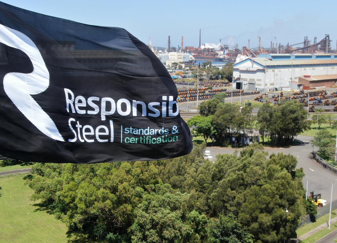 ResponsibleSteel flag flying over the BlueScope Port Kembla steelworks